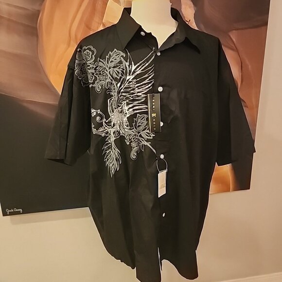 NWT Kani Gold Men's Black Graphic Cross Button Front Shirt 4X Short Sleeve - Picture 3 of 10